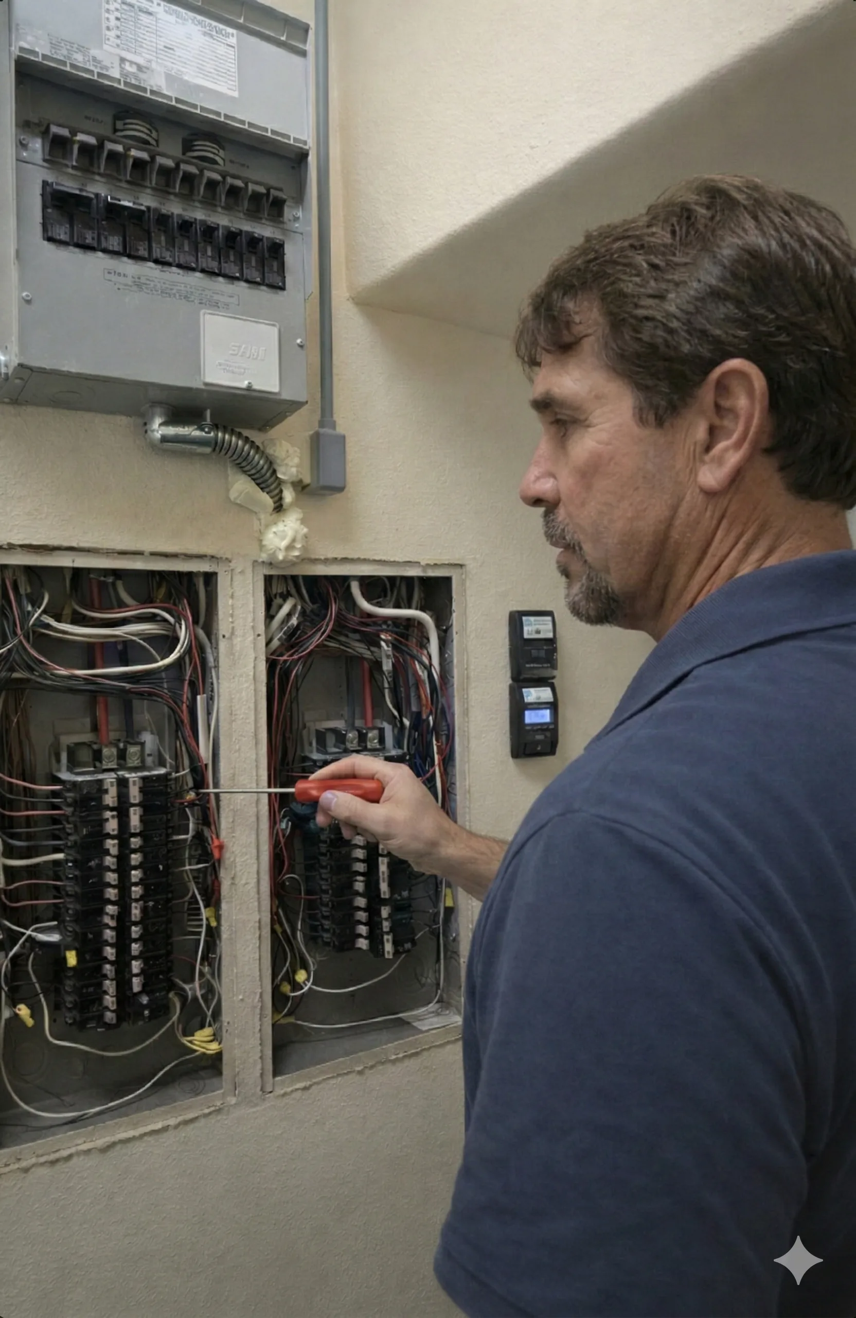 Electrician working on an electrical panel